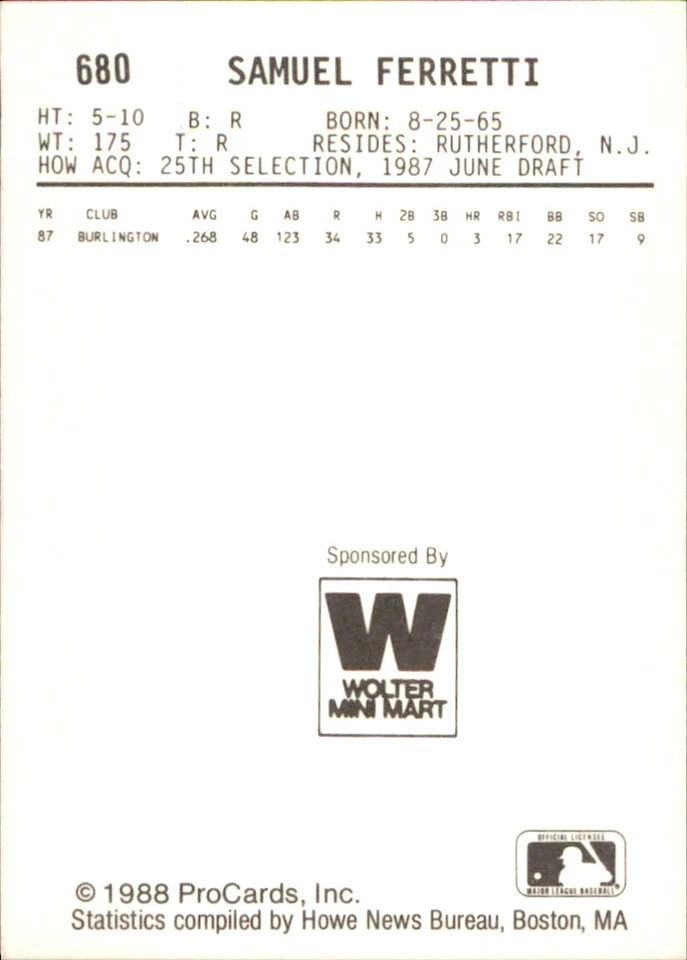 Sam Ferretti 1988 ProCards #680 RC Waterloo Indians FREE SHIPPING AutographDen - Image 2 of 2