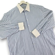 STEFANO RICCI Mens Striped Dress Shirt Standard Cuff White Collar Blue 47/18.5