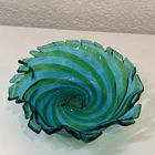 VTG Small Green & Teal Murano Glass Console Bowl/ Trinket W/ Ruffled Edge 3.5”