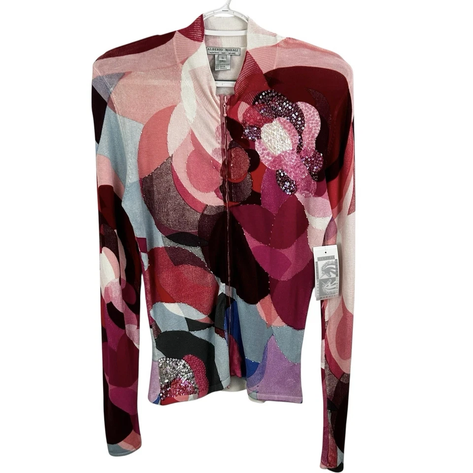 ALBERTO MAKALI Nuevo SUÉTER CÁRDIGAN FLORAL LENTEJUELAS ROSA S Caprichoso Arte para usar Foto 2 de 4