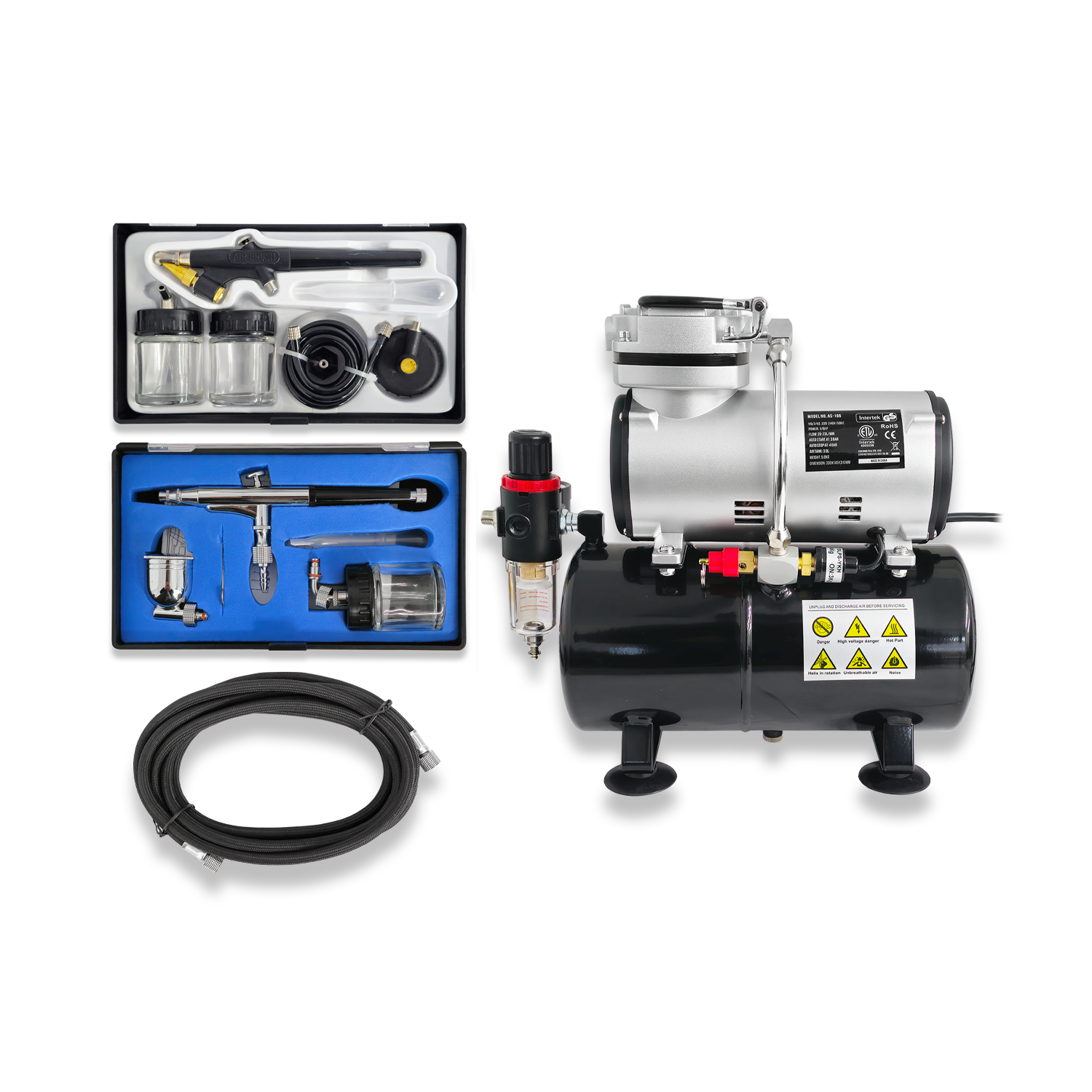 AIRBRUSH TANK COMPRESSOR KIT WITH 134 + 138 AIRBUSHES AND HOSE MODEL MAKING RDG