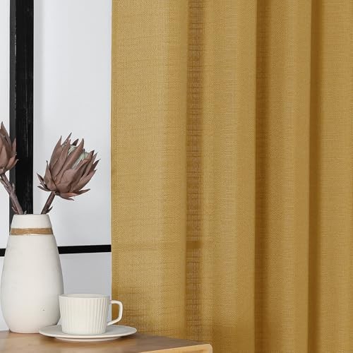 Gold Curtains 63 Inch Length 2 Panels, Faux Linen Textured Semi Sheer Light - Foto 5 di 7