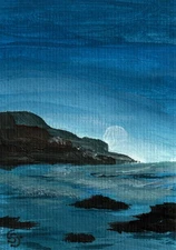 ACEO Original Acrylic Painting Moonrise Dark Blue Sea Art signed by CS Jackson