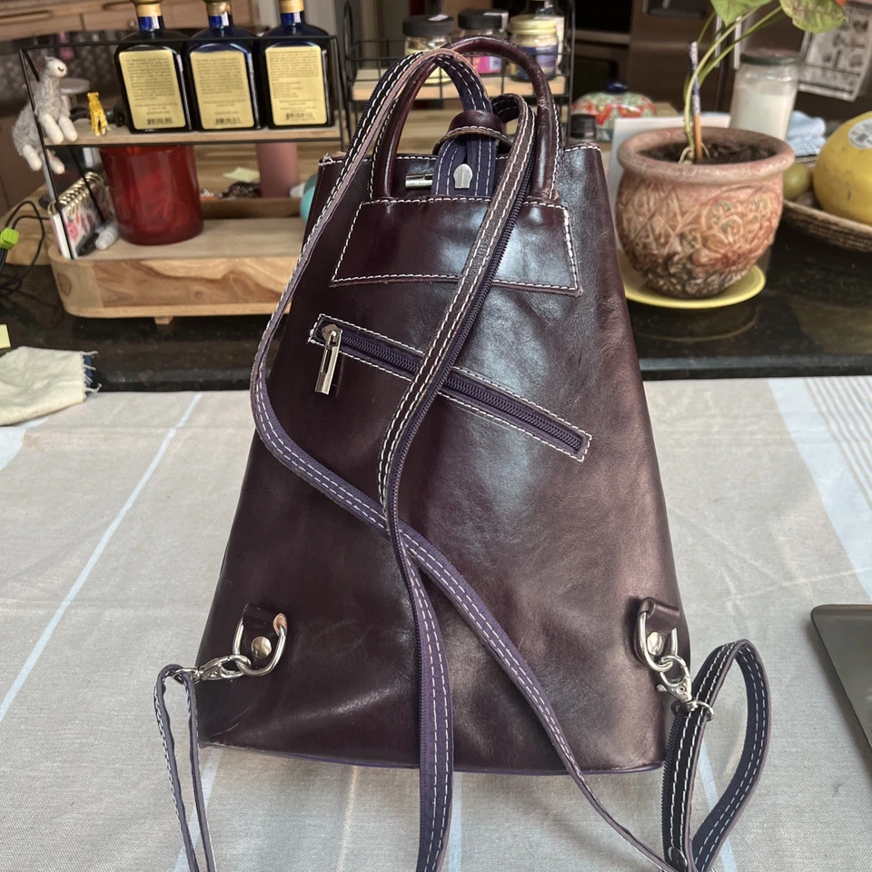 Vera Pelle итальянский кожаный баклажан рюкзак трансформируемый холст интерьер - Изображение 3 из 4