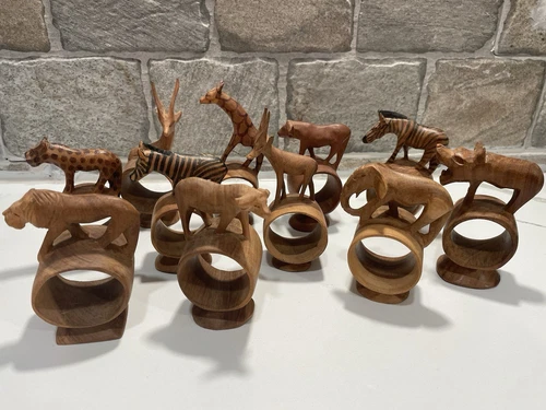 Wooden African Animals Napkin Rings Handcarved Set of 11 Safari Animals VTG