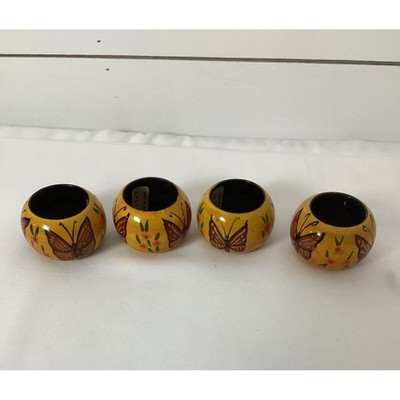 Vintage Hand Painted set 4 Napkin Ring Holders Flowers Butterfly Made in India