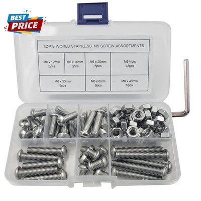 84Pcs M6 X 8Mm,12Mm,16Mm,20Mm,30Mm,40Mm Hex Pan Head Cap M6 Bolts Nuts Screws