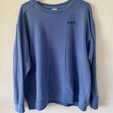 PINK Victoria's Secret Blue Logo Crewneck Fleece Cotton Pullover Sweatshirt L