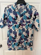 Vintage Barefoot in Paradise Disney Mickey & Minne Floral Hawaiian Shirt M Blue