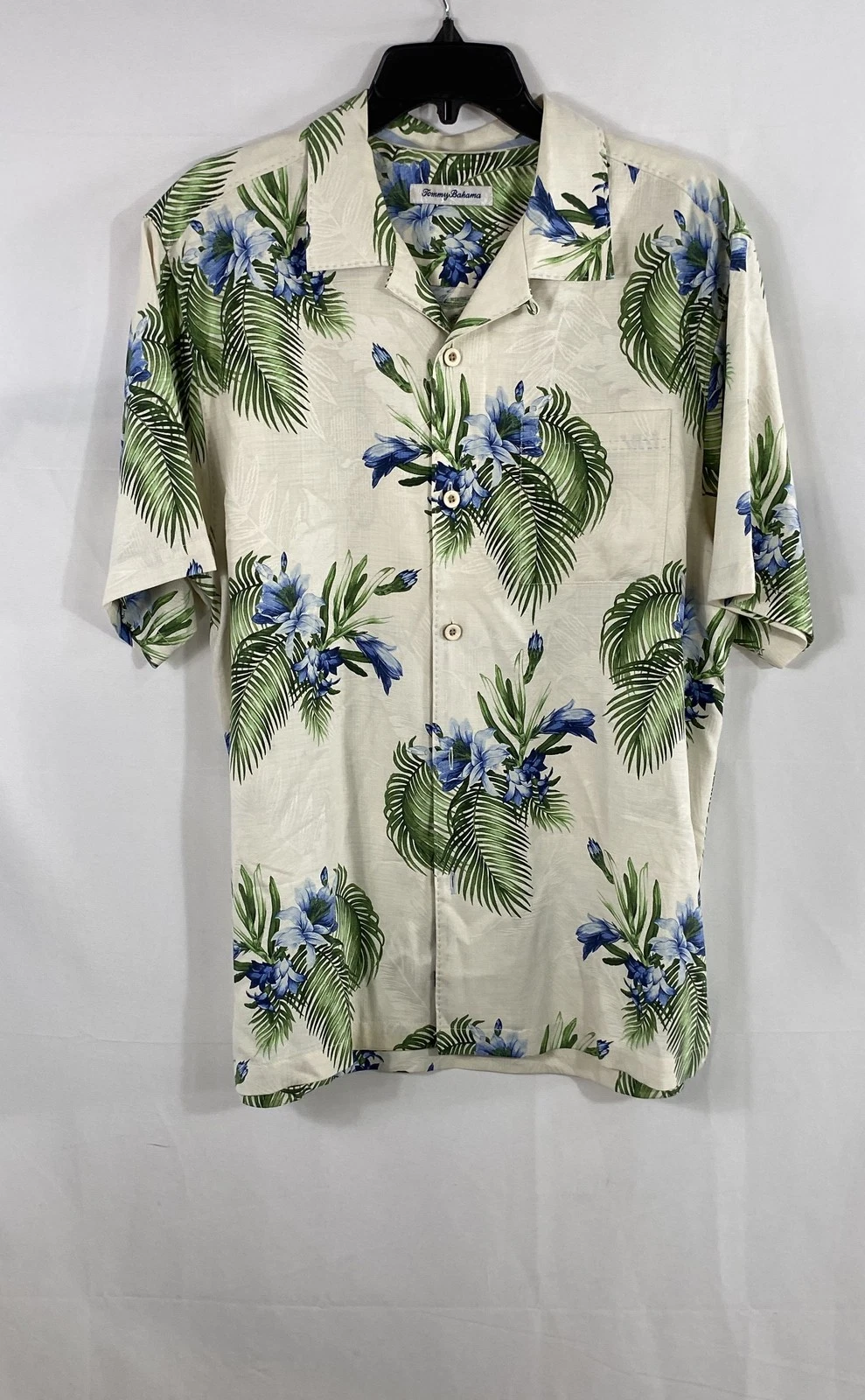Tommy Bahama Men's Silk Short Sleeve Tropical Floral Palm Camp Shirt Cream Sz M