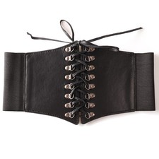 Ladies Black Wide Faux Leather Stretch Belted Elastic Corset Dress Punk Waistband