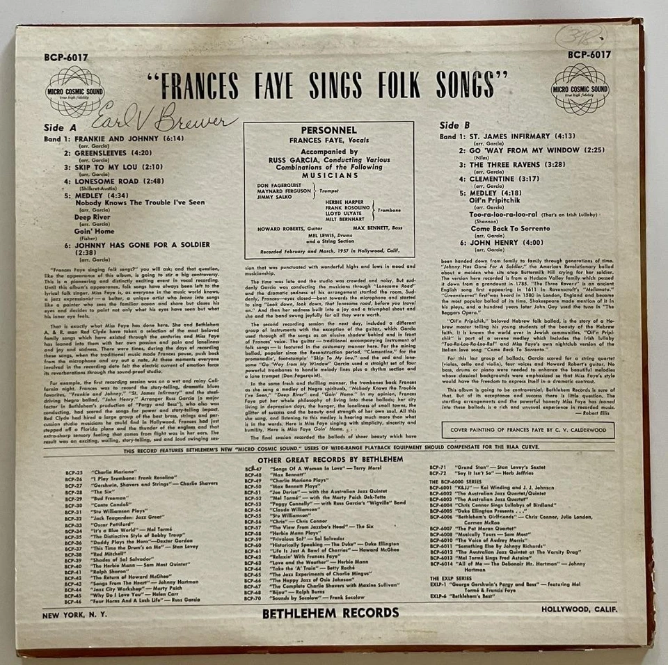 Frances Faye Sings Folk Songs LP EX+ Bethlehem Jazz (1957) Maynard Ferguson - Image 2 of 4
