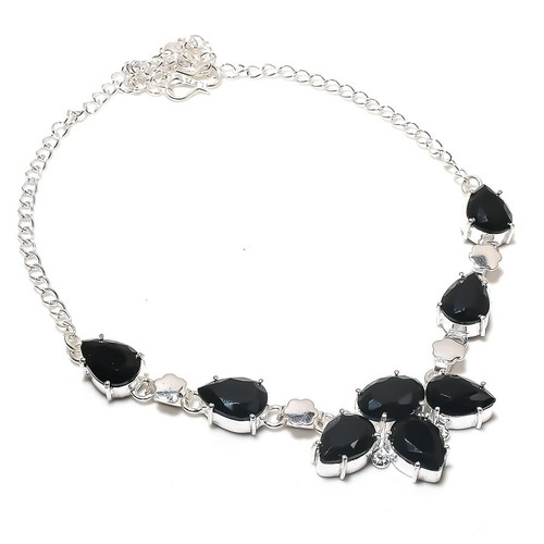 Schwarzer Spinell Edelstein Handarbeit 925 Sterlingsilber Schmuck Halskette Größe 18"