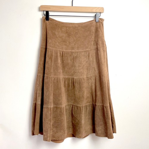 Vintage Y2K Tiered Prairie Suede Midi Skirt Sz 2 Boho Western Coastal Cowgirl