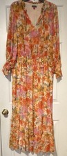 Vince Camuto Maxi Dress 2X Orange Pink Beige Floral V-Neck Ruffle Long Sleeve