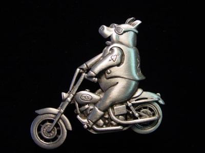 ''JJ'' Jonette Jewelry Silver Pewter 'PIG Riding Motorcycle - HOG' Pin
