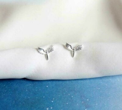 Adorable Silver Tiny Angel Wing White Gold Plated Stud Earrings