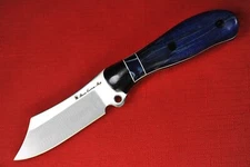 Busse Custom Trustee Warden .165” Satin INFI, Black G10 G-rexed Blue Maple Wood