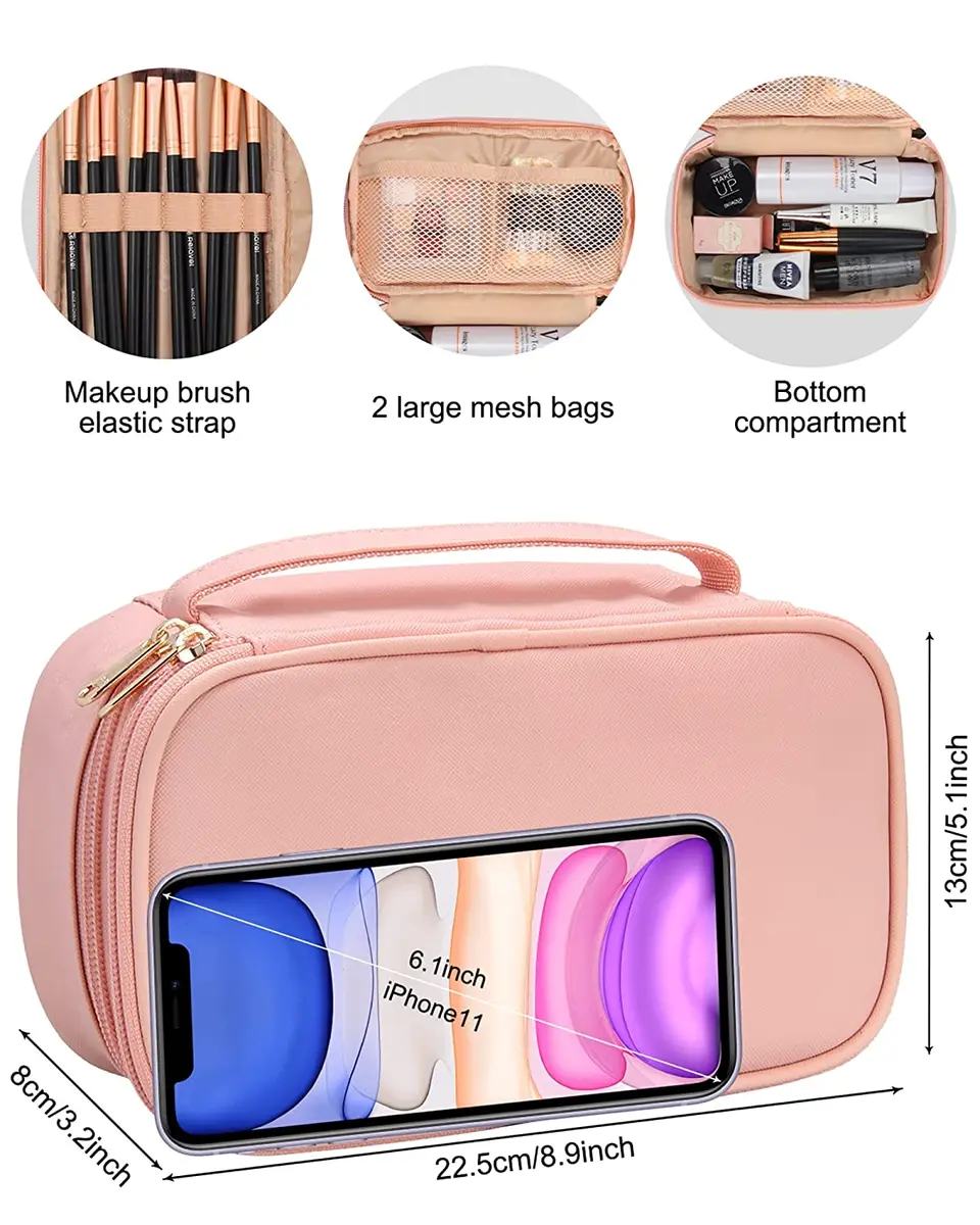 Makeup Bag Small Travel Cosmetic Bag Portable 2 Layer Large Capacity Case  Brush