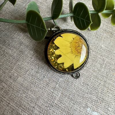 Vintage Sunflower Pendant Encased Yellow Petals and Glitter Rustic Boho Jewelry