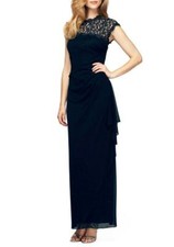 ALEX EVENINGS 16 Navy Metallic Lace Empire Waist Chiffon Gown NWT 189