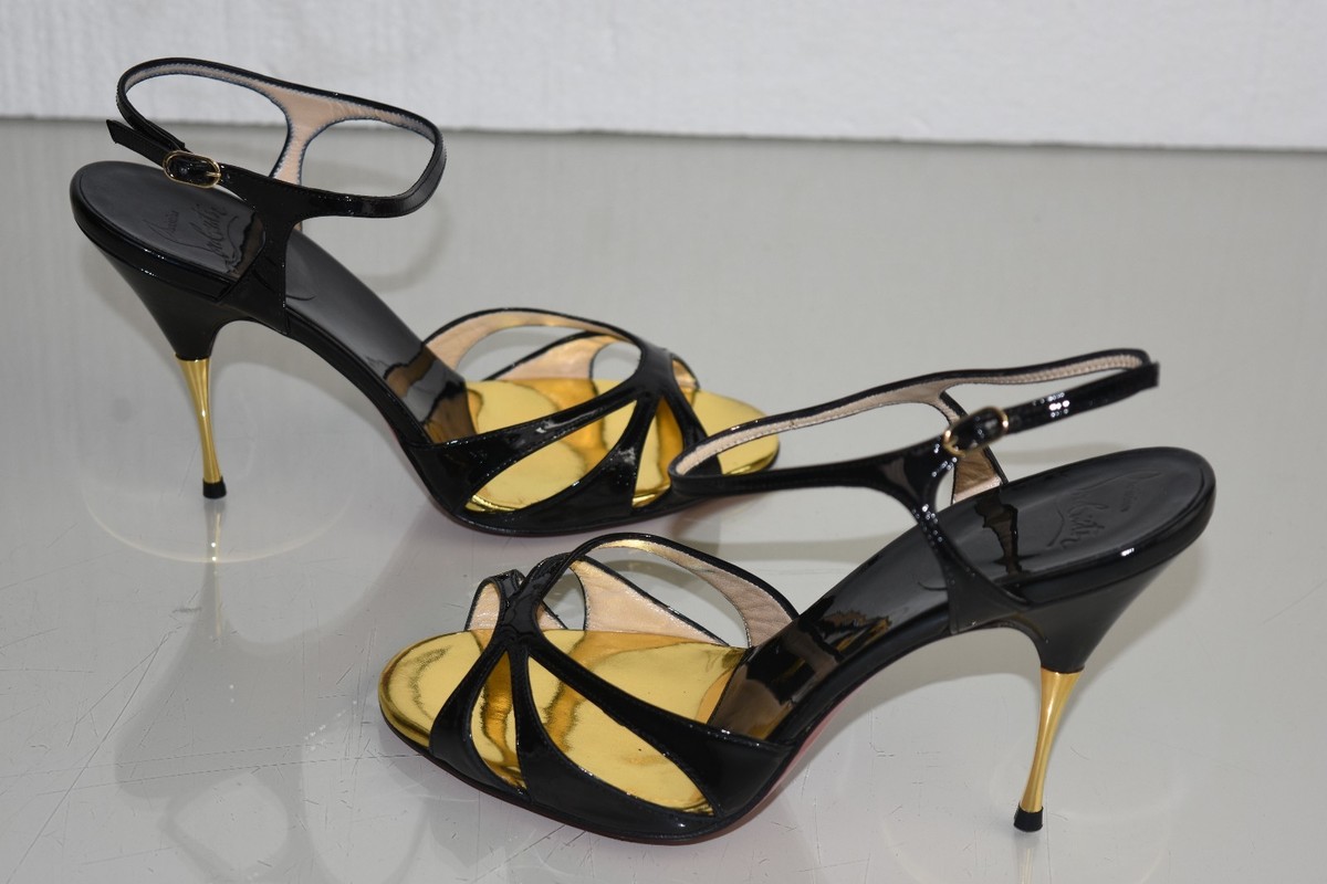 New CHRISTIAN LOUBOUTIN NOEUDETTE Black Patent Gold Sandals