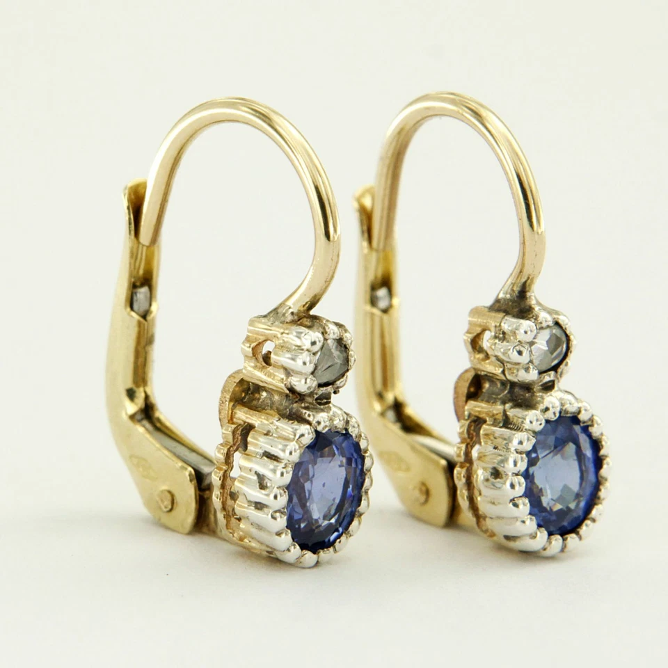 Orecchini ORO Giallo 14 kt con ZAFFIRI e DIAMANTI Pendenti stile Antichi Epoca - Immagine 3 di 4