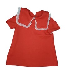 Vintage 50s 60s Girls Red Textured Dress Short Large Collar 18 Month Lace Trim