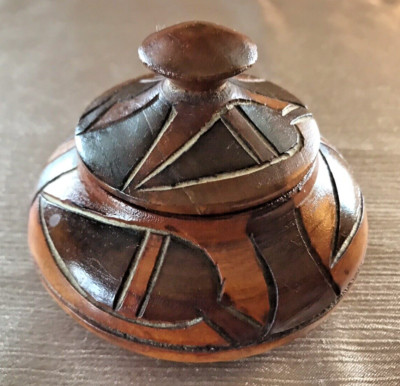 Hand Carved Round Wooden Two-Tone Trinket Box Jar with Lid 3'' Abstract Design