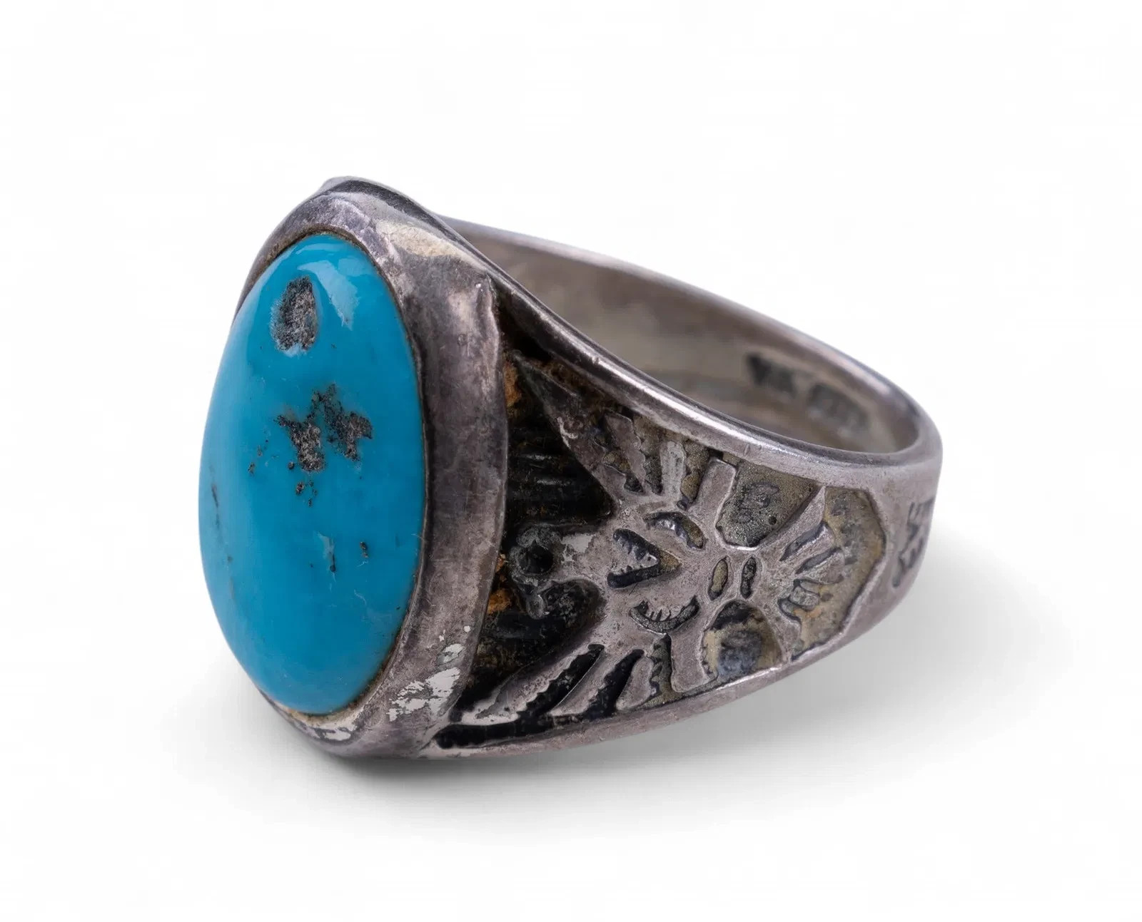 Signed Turquoise Native American Silver Ring - image 2