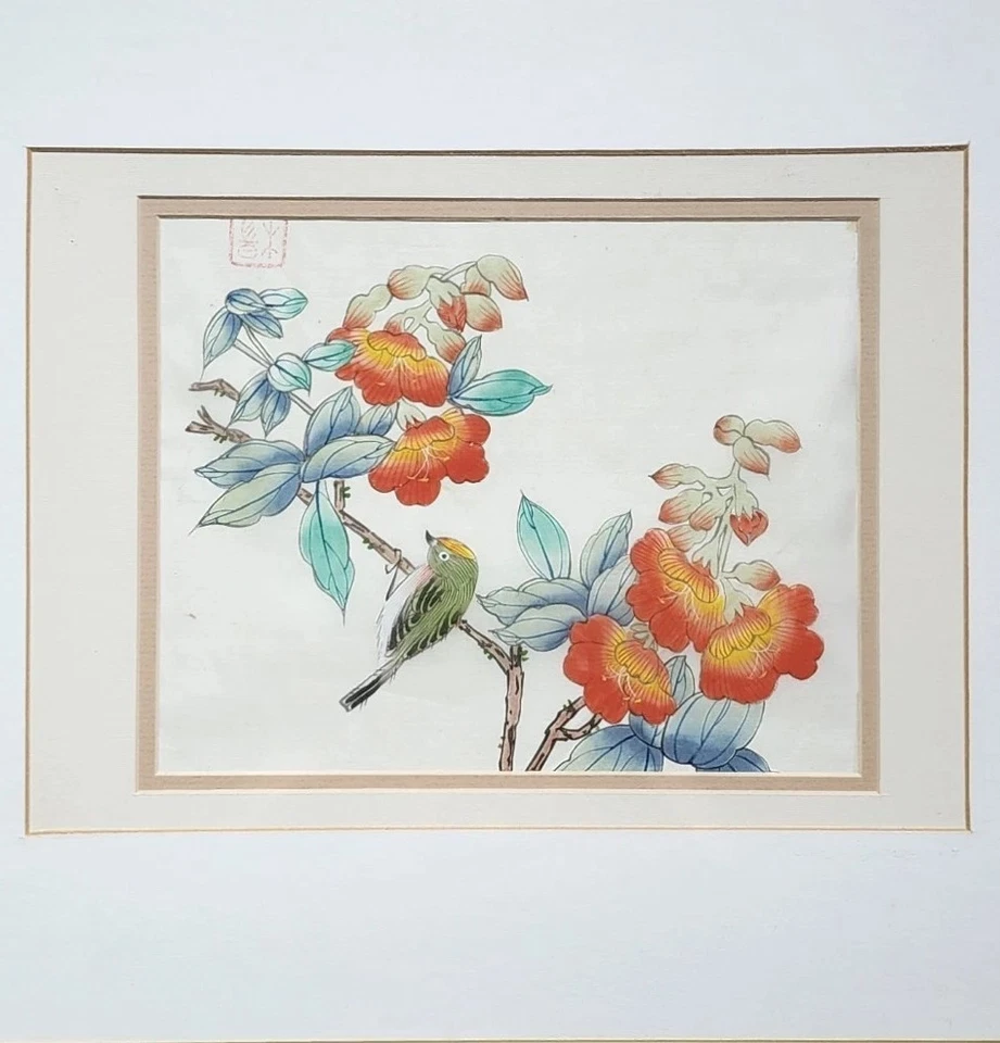 Pintura de seda asiática original de colección firmada enmarcada pájaro flores naranjas Kacho-ga Foto 3 de 4