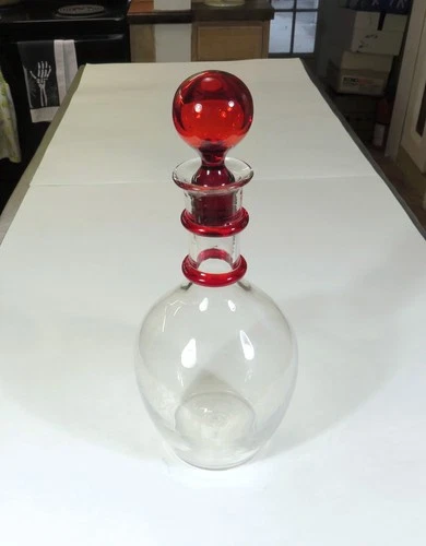Vintage MCM Clear Glass Decanter Bottle W/ Ruby Red Rings Spirals Pilgrim Blenko