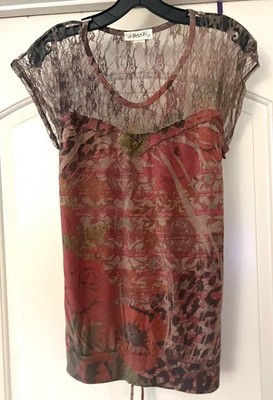 Belle du Jour Pretty Sheer Lace Detail Tie Back Print Top!   SZ L   NWOT!