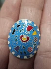 Vtg Sterling Silver  Multi-color Enamel Ring Sz 8 Adjustable