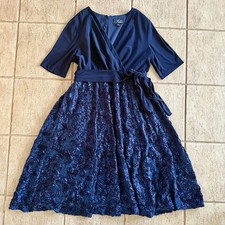 ALEX EVENINGS WOMENS SIZE 20W BLUE LACE ROSETTE TEA LENGTH BLUE FORMAL DRESS