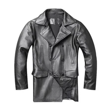 Genuine Leather Double Breasted Mens Cowhide Jacket Mid-length Lapel Windbreaker