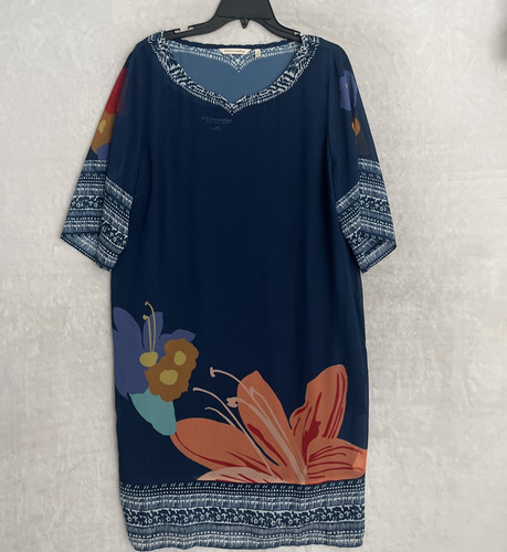 Soft Surroundings Womans A Line Dress Blue Floral Large Polyester Short Sleeve