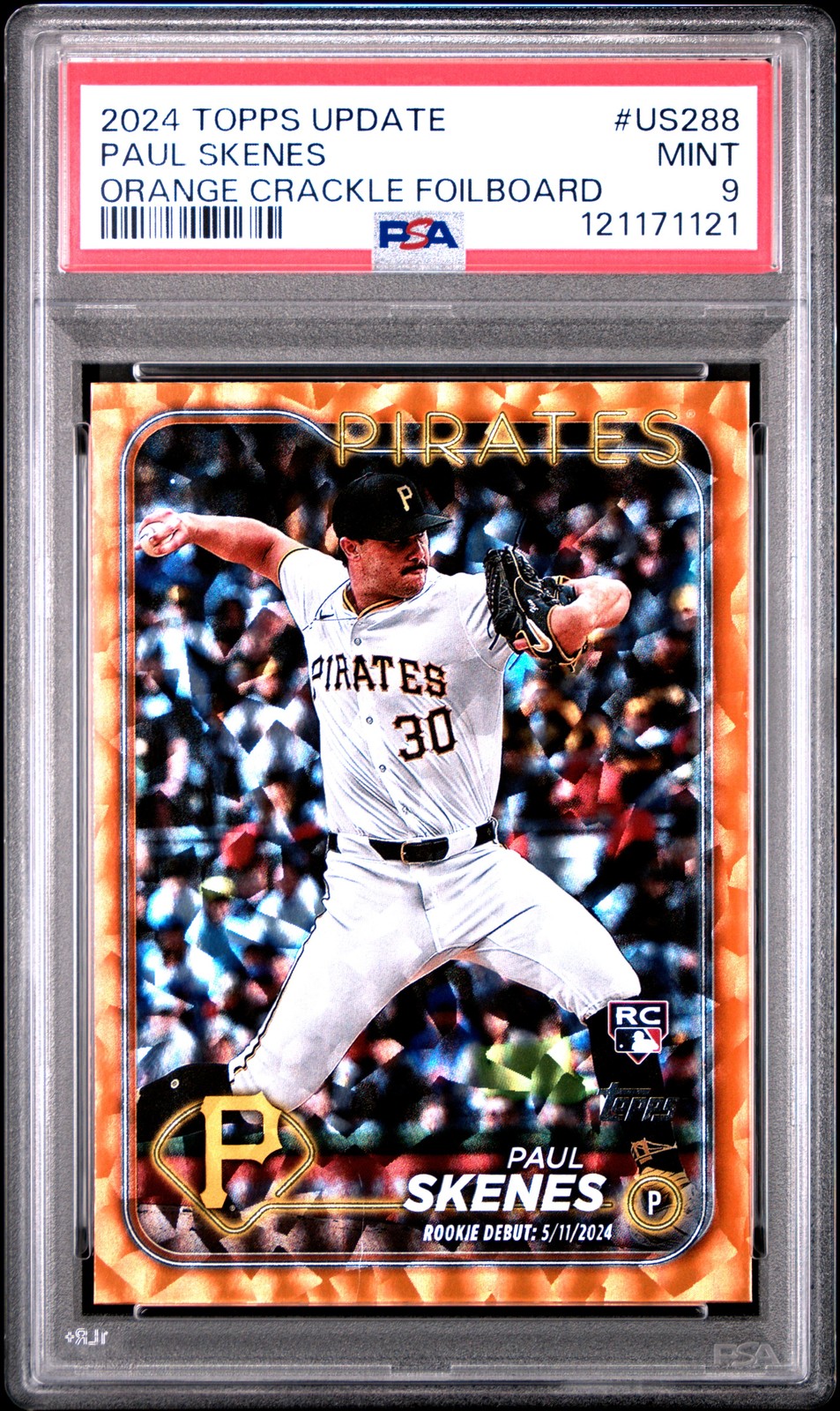 2024 TOPPS UPDATE ORANGE CRACKLE FOILBOARD #US288 PAUL SKENES 92/299 PSA 9