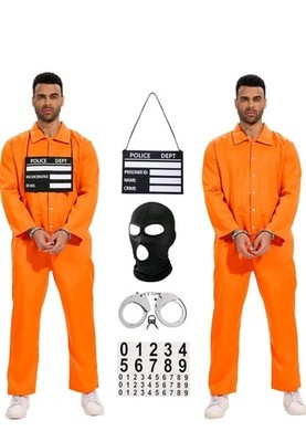 Prisoner Costume Men Orange Prisoner Jumpsuit for Halloween Costume Prison 3XL