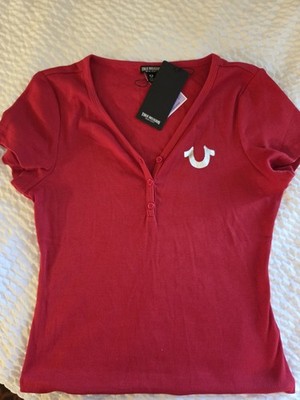 True Religion Red V-Neck Knit Button Blouse Women's Medium Logo Rhinestone