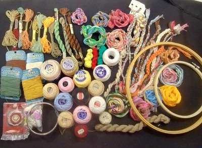 Vintage Embroidery Craft Lot DMC Pearl Cotton Candlewicking Yarn Floss Hoops