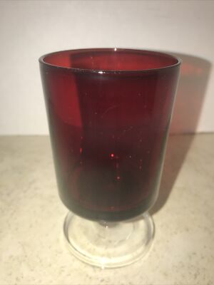 Vintage ARCOROC FRANCE RUBY RED WINE GOBLET ~ Clear Footed Stem