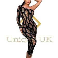 Women's Sexy Black Out Knitted One Shoulder Bodycon Dress 12-14 NEW FREE P&P