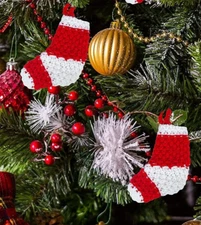 12 MINI CROCHET Red & White  CHRISTMAS STOCKINGS ~ Tree, Mantle, Wreath, Crafts