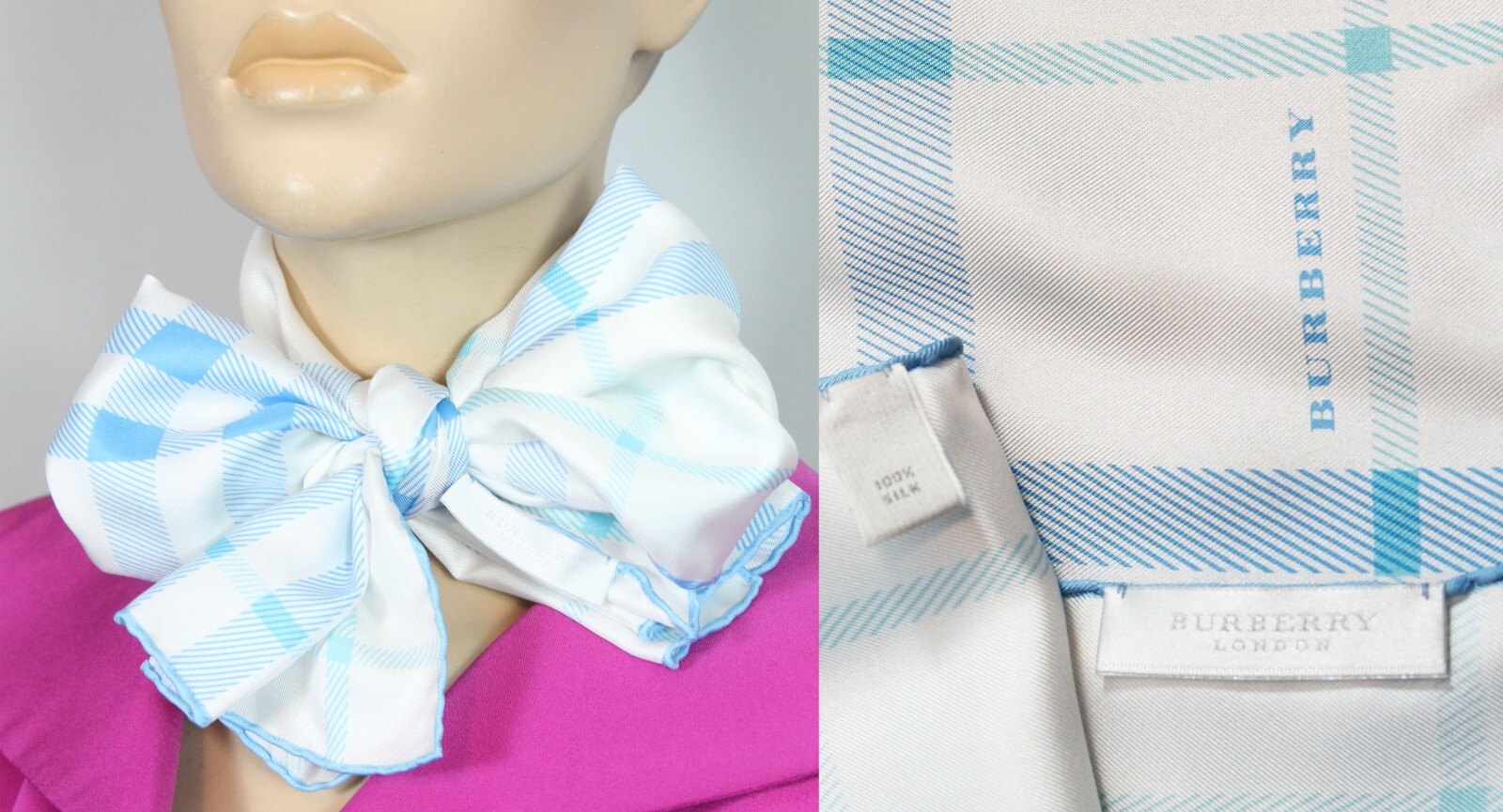 BURBERRY London ITALY White Aqua Plaid Nova Check Silk Long Scarf Handrolled Edges