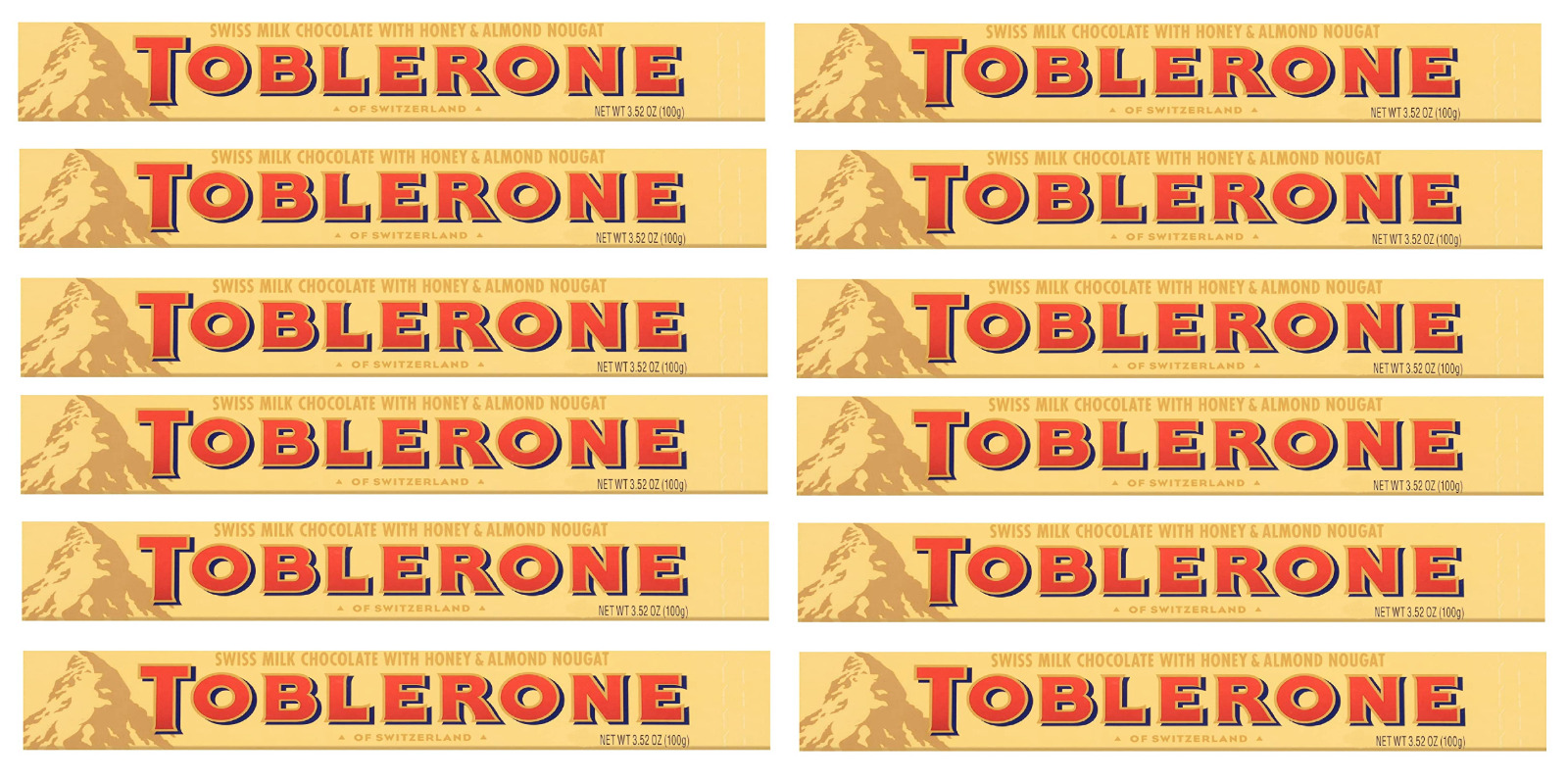 Toblerone Swiss Milk Chocolate With Honey & Almond Nougat 12 Bars Free Shipping!