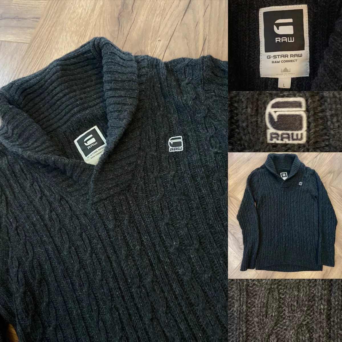 G Star Raw Mens Large Grey Nimrod Shawl Jumper Pullover Sweater Heavy Knit