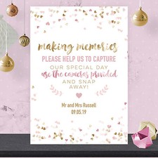 Personalised Wedding Disposable Camera Basket Sign Pink & Gold Effect GFP26