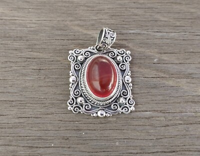Sterling Silver red carnelian cabochon gemstone pendant / silver 925 / 1.25 in