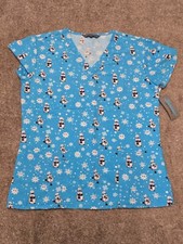 Serene Uniforms Scrubs Top Light Blue Snowmen Winter theme Size M NWT